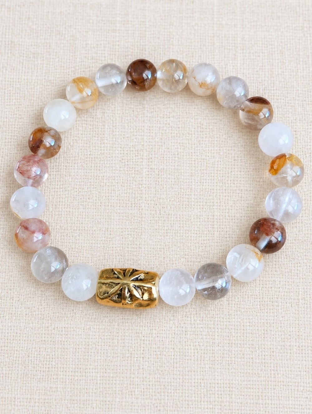 Gold Red Rutilated Quartz Gemstone Stretch Bracelet | Handmade | 8 mm